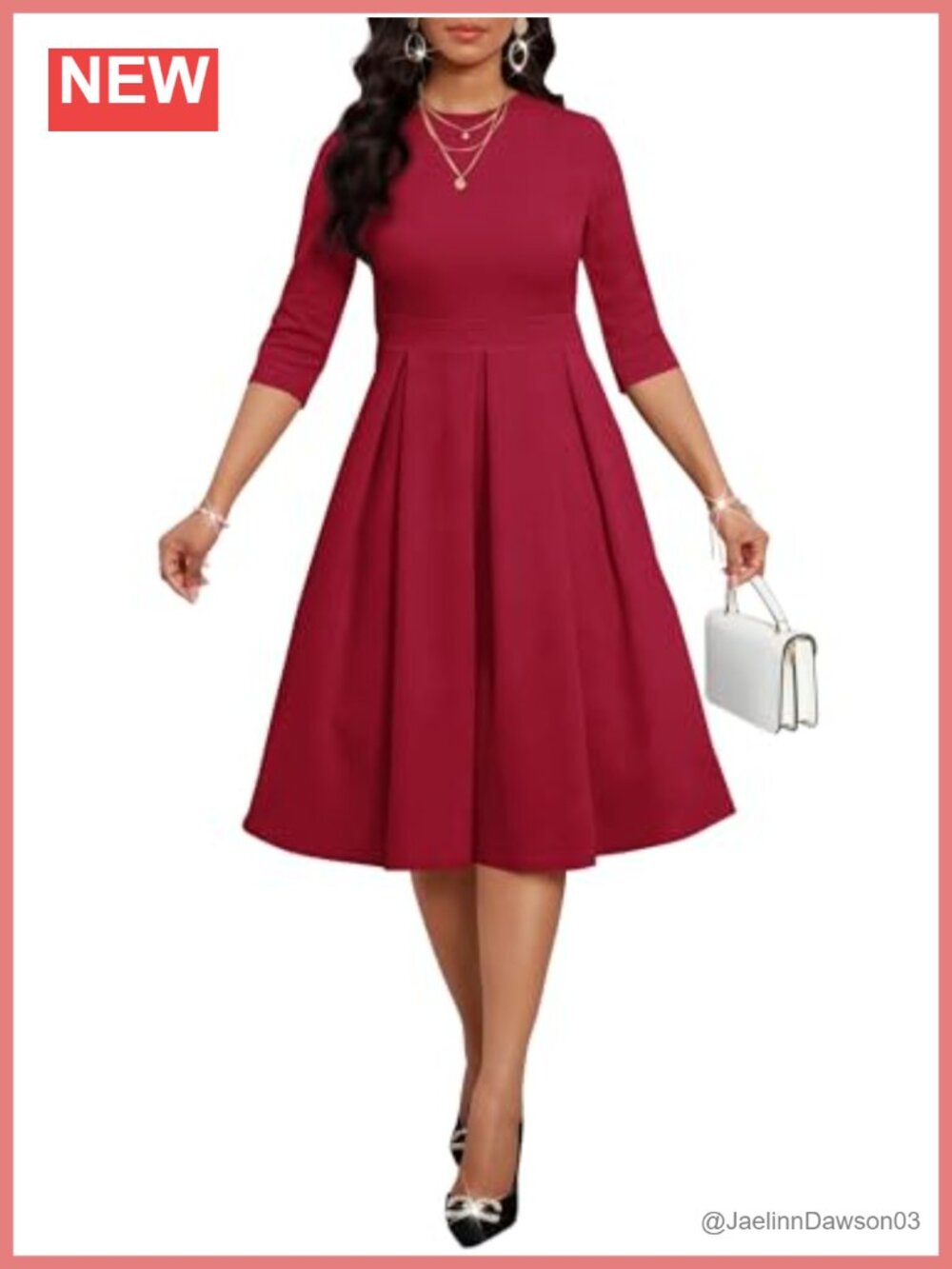 Women's Crew Neck 3/4 Sleeve Pleated Midi Dress A-Line Cocktail Party Formal